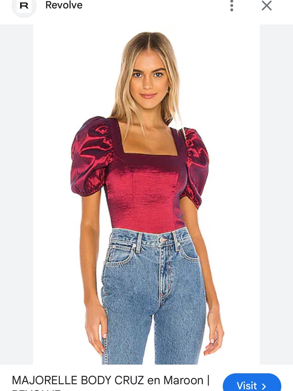 MAJORELLE Maroon Shiny Puff-sleeve Bodysuit